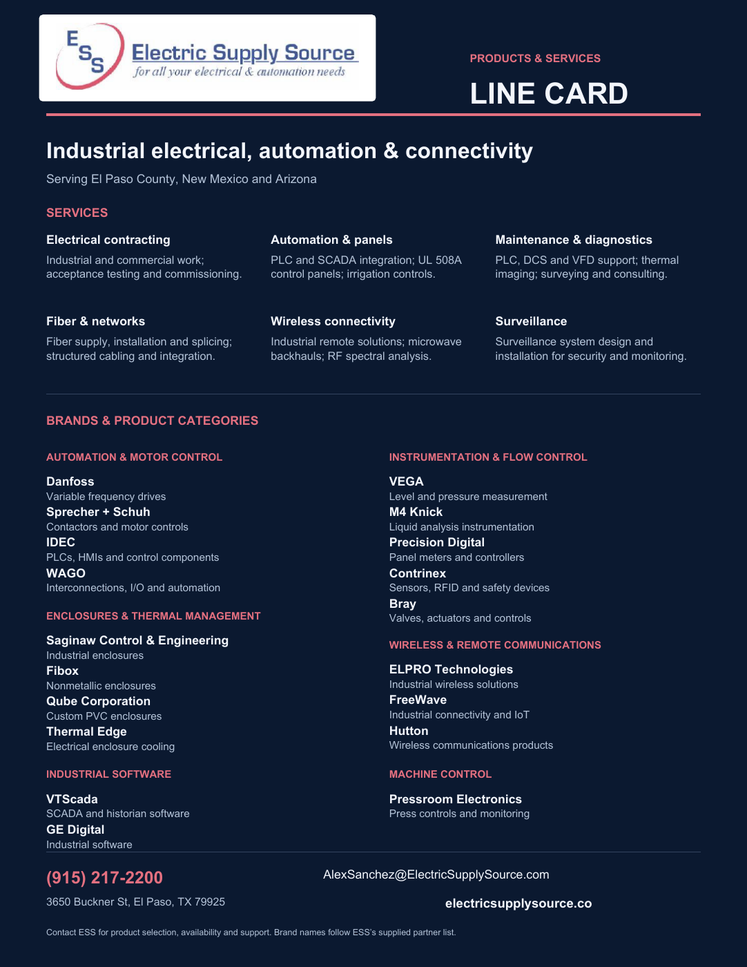 ESS line card preview showing services, brands and contact information